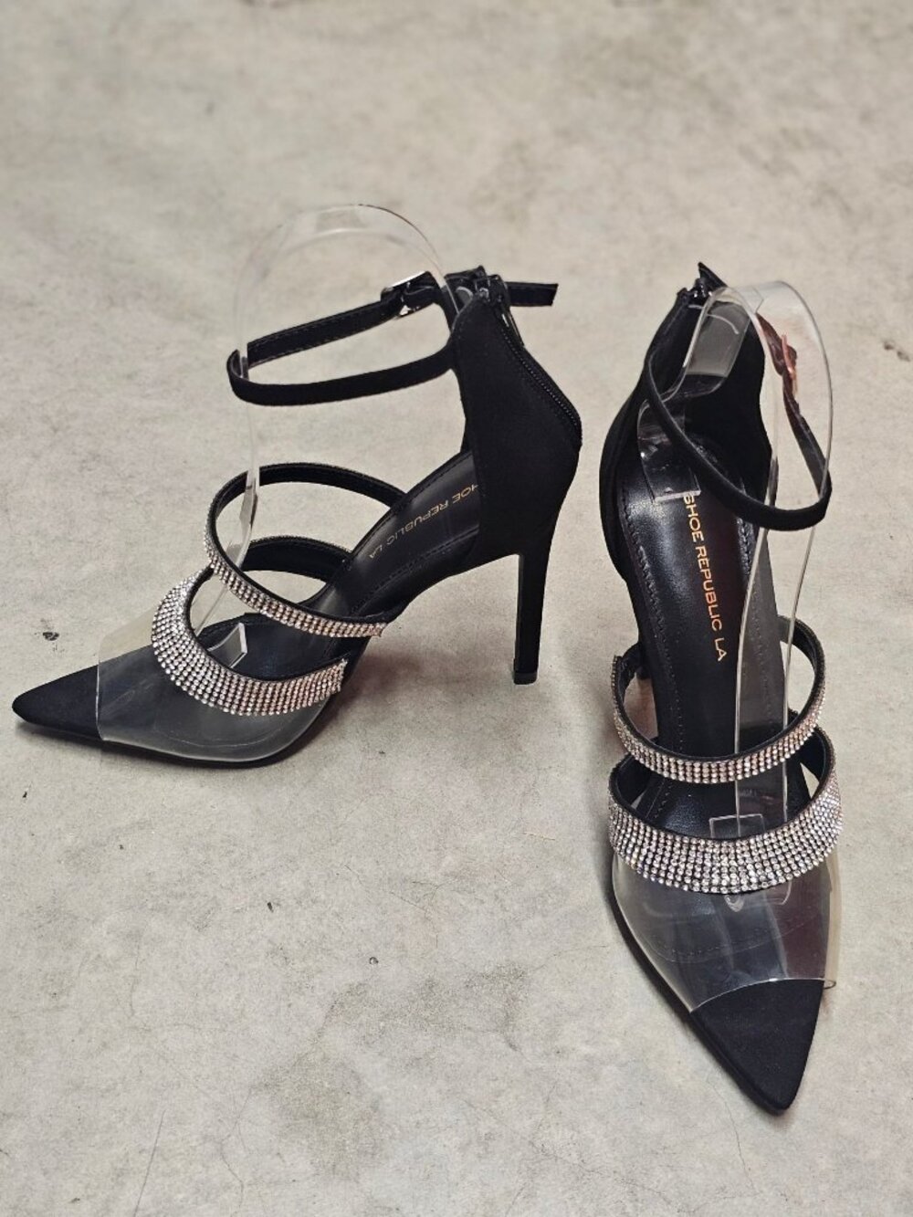 Rhinestone Clear Strap High Heels With Ankle Buckle & Back Zipper - Elegant Blac